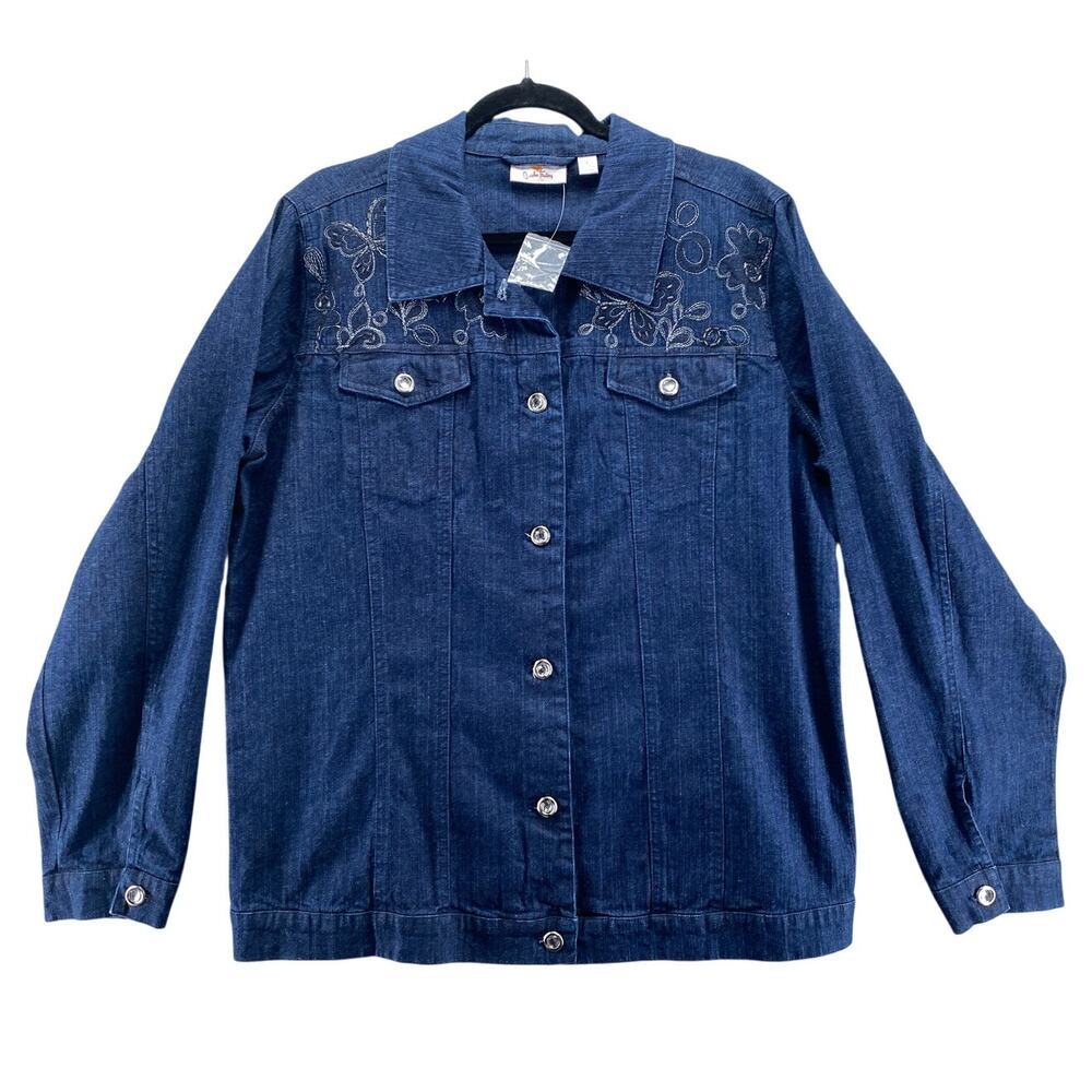 Quacker Factory Embroidered Denim Jacket Women's Large Floral Butterfly Bling - Picture 2 of 8